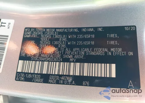 2021 Toyota Highlander L from USA, damaged, VIN 5TDCZRAH5MS036524